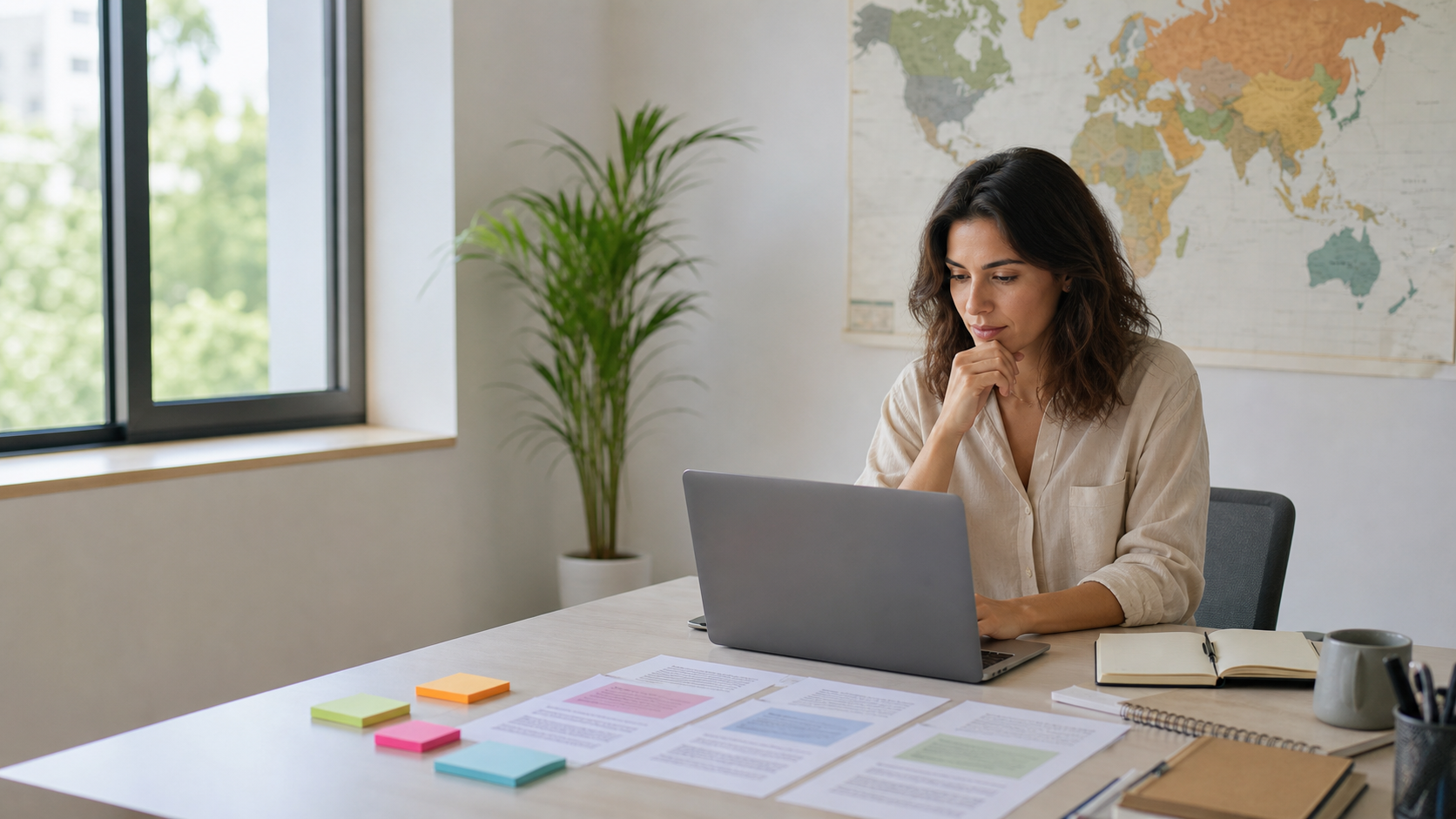 A small business owner reviews social posts and blogs in all languages on a laptop beside translated drafts