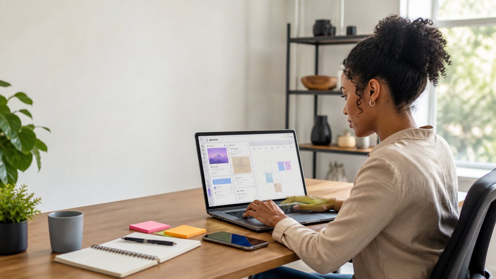 Small business owner reviews an AI social media content strategy on a laptop beside a content calendar