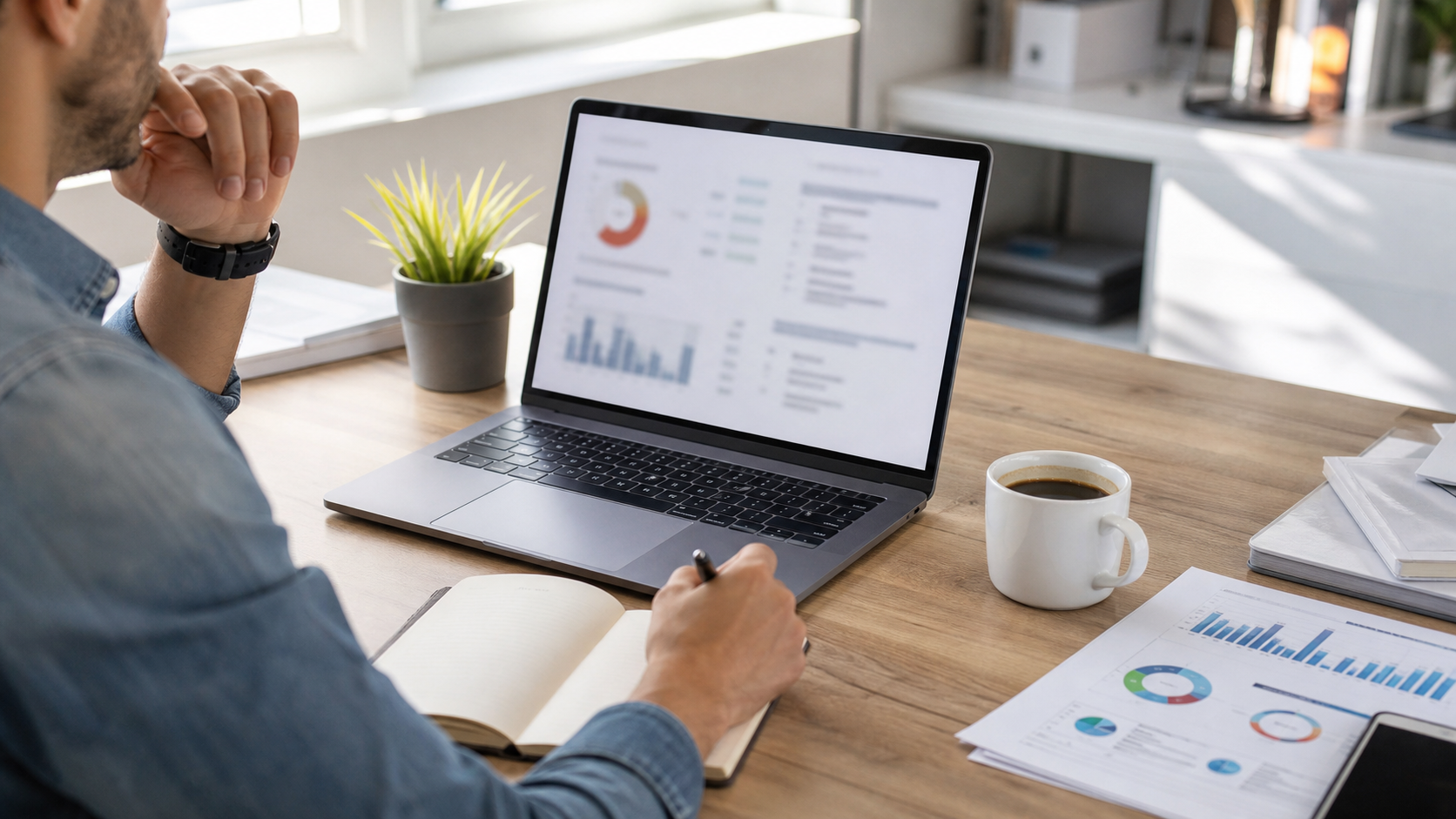 Entrepreneur reviewing a business plan template for entrepreneurs on a laptop beside notebooks and charts