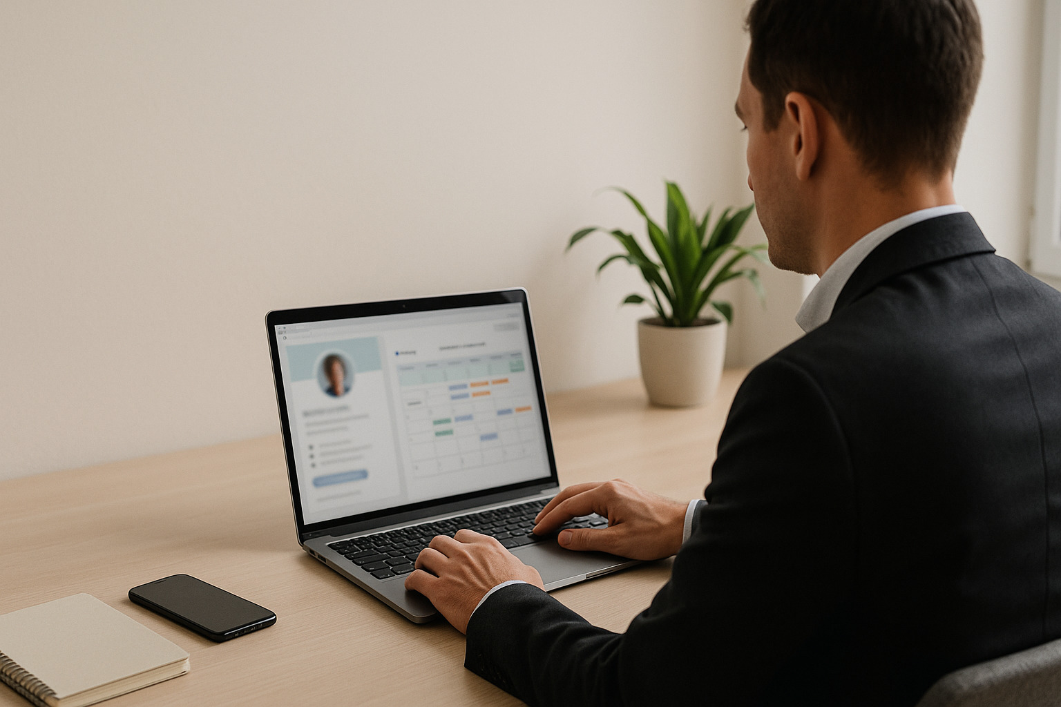 A marketer reviews a LinkedIn content strategy on a laptop with profile notes and a posting calendar nearby