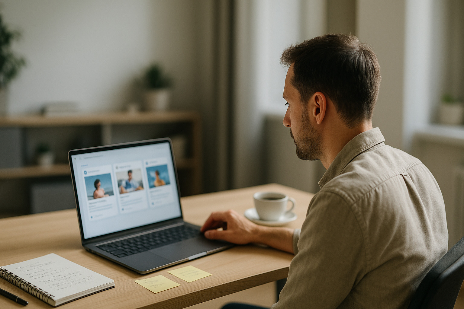 A small business owner reviews AI content drafts on a laptop during the TrendForge.ca 7-day free trial
