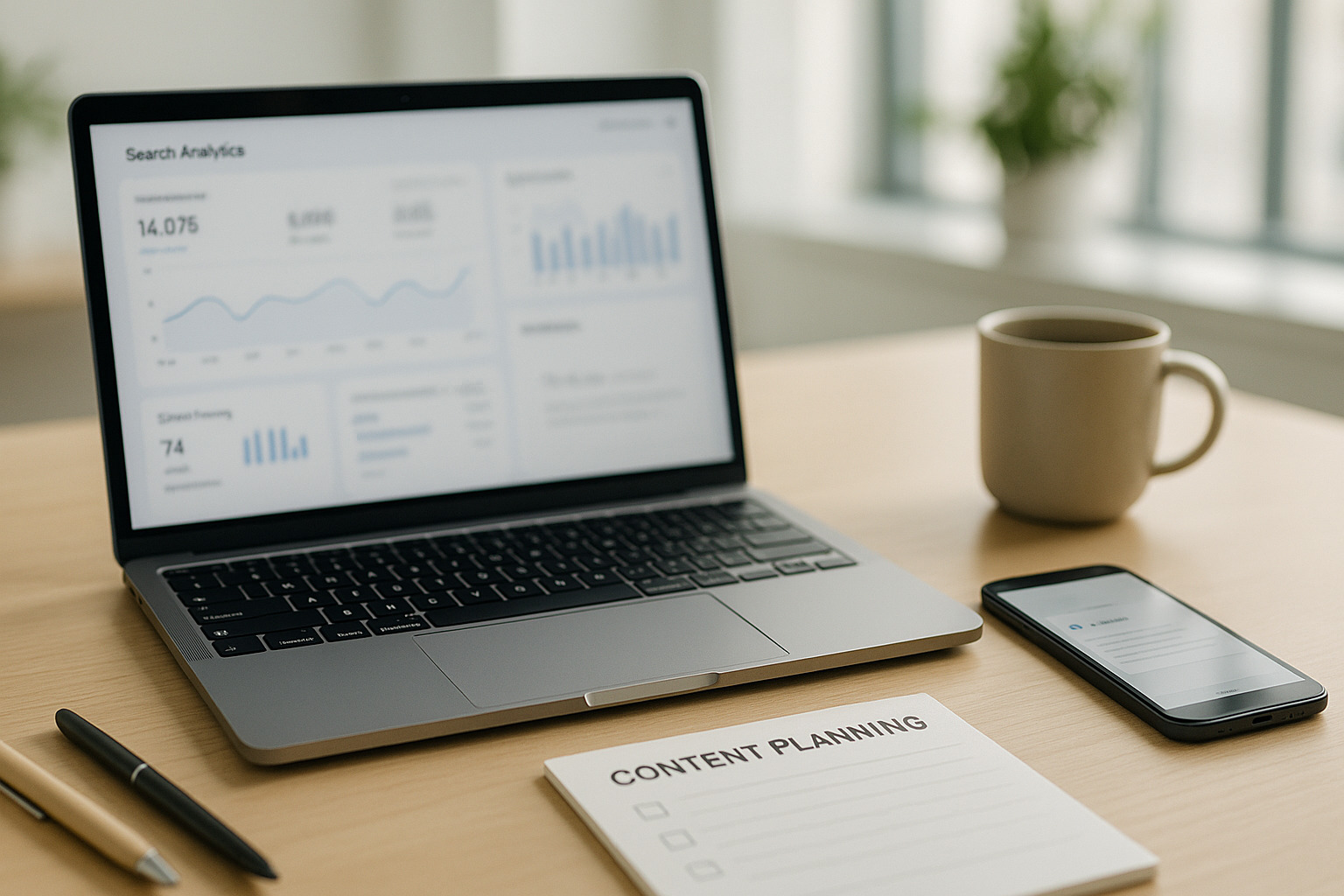 A marketing workspace showing the SEO, AEO, and GEO platforms dashboard beside content planning notes and a laptop